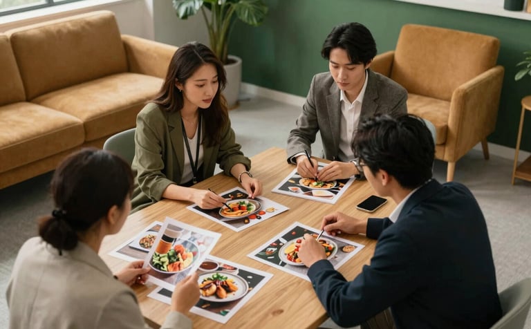 A high-angle shot of a content planning meeting in a North American agency studio. Three specialists look over high-quality printed food photos. The room is decorated with matte forest green accents and cozy parchment-colored furniture.