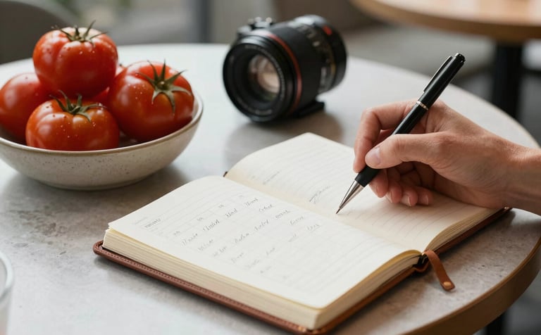 A close-up photograph of a professional social media planner's hand sketching a content calendar in a leather notebook. On the Crisp Parchment table sits a bowl of fresh, deep ripe crimson tomatoes. Soft morning light, Scandinavian-inspired North American cafe setting.