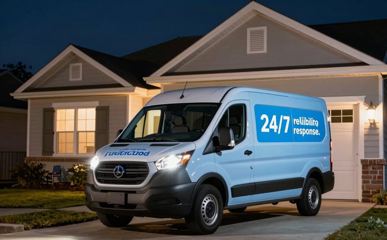 A professional service van with light blue branding parked outside a North American / US home at night. The headlights are bright, and the dark navy sky contrasts with the warm off-white house lights. The image conveys 24/7 reliability and rapid response.