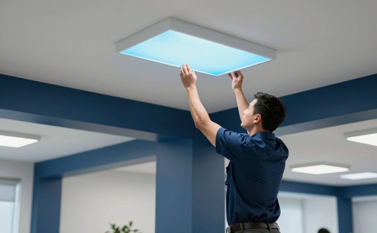 A clean, modern North American / US commercial office space with high ceilings and navy blue accent walls. A technician is maintaining the light blue LED ceiling fixtures. The composition is professional and conveys efficiency. Clear, bright indoor lighting.