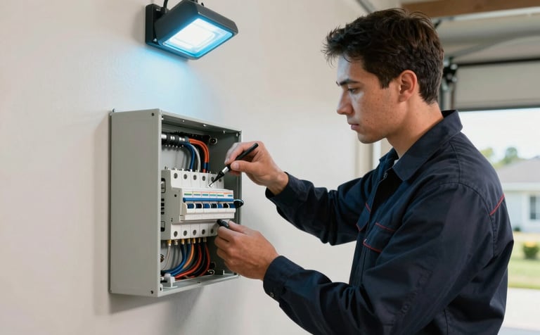 A professional electrician in a North American / US suburban home setting, expertly repairing a circuit breaker panel. The technician is wearing a dark navy uniform. The background is an off-white garage wall, with soft light blue illumination from professional work lamps. High-quality photography, sharp focus.