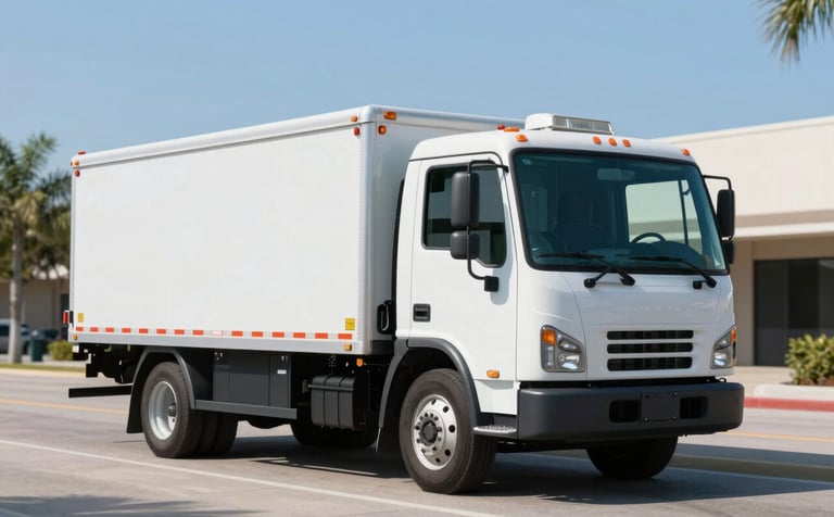 A clean, modern flatbed tow truck parked on a sunny Orlando street. The composition is professional and tidy, featuring a clear blue sky and soft reflections. The scene conveys reliability and efficiency with a color palette reflecting #375A77 and #8BB0C9.