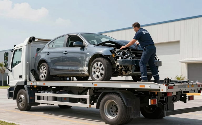 A professional driver efficiently loading a damaged car onto a modern carrier truck in a bright, clean industrial area of Orlando. The image is crisp and professional, using brand colors like #0C1D2A and #F5F8F9 to emphasize reliability.