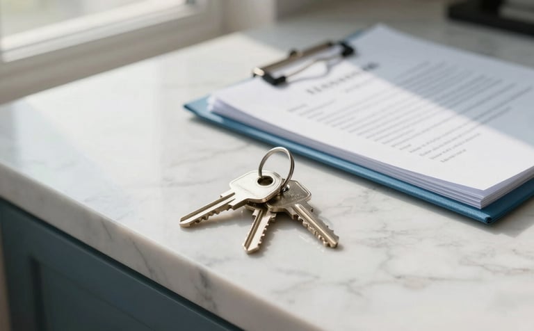 Close-up of a pair of keys resting on a clean, white marble countertop next to a folder of official documents. Soft morning light coming through a window. Elegant and reliable atmosphere, featuring light blue and off-white colors, Baltic interior style.