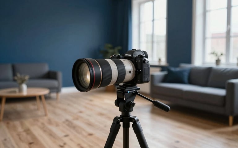 High-end photography gear and a wide-angle lens set up on a tripod inside a stylish, minimalist Northern European living room. The room has light wood floors and large windows. The atmosphere is professional and modern, using medium blue and dark blue tones.
