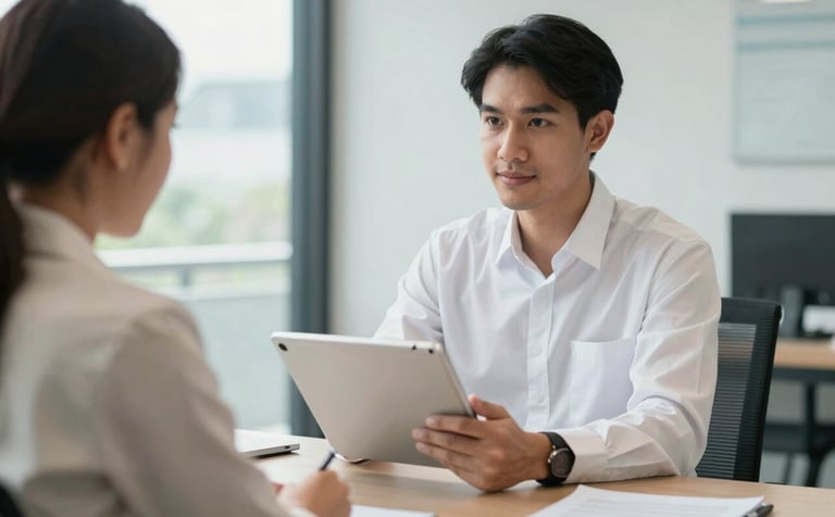 A professional insurance consultant in a modern Southeast Asian / Thai office setting, showing a digital tablet to a client. The lighting is bright and clear, with a color palette featuring soft pearl white and sky blue accents, reflecting reliability.