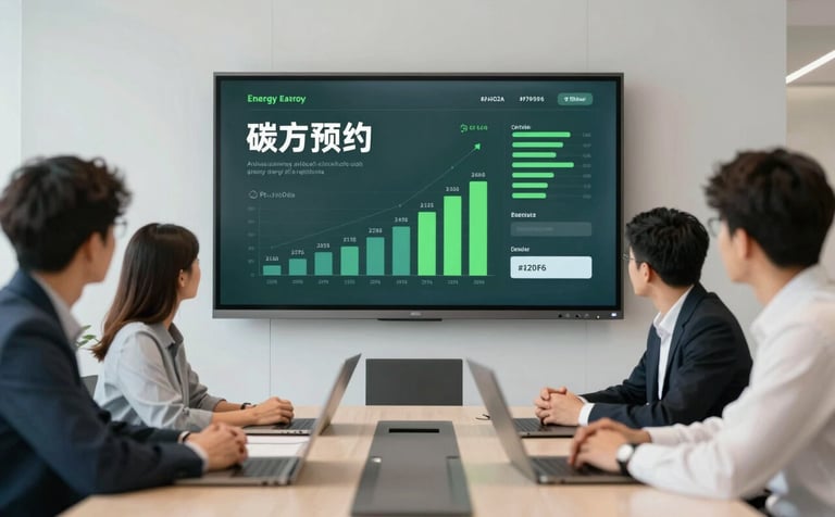 A close-up of professionals in a modern boardroom collaborating over a large screen displaying green energy and carbon footprint statistics. The style is innovative and clean, featuring minimalist furniture and brand-specific colors like #1A2D2A and #F7F9F6.