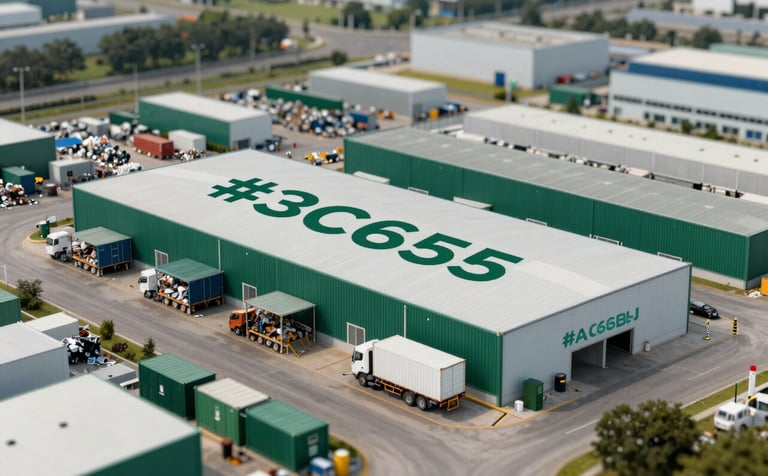 An aerial perspective of an organized industrial recycling center with modern containers. The facility is extremely clean and orderly, signifying professional waste management. Soft daylight highlighting green tones from the brand palette like #3C6B5E and #A8C6B1.