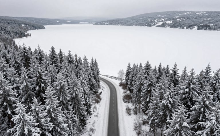 A minimalist aerial view of a winding road through a snow-covered forest, leading toward a frozen lake. The clean, Scandinavian aesthetic is captured through symmetrical composition and a muted palette of #2A362B, #5E4B3E, and #F4F0E4. Professional and calm mood.