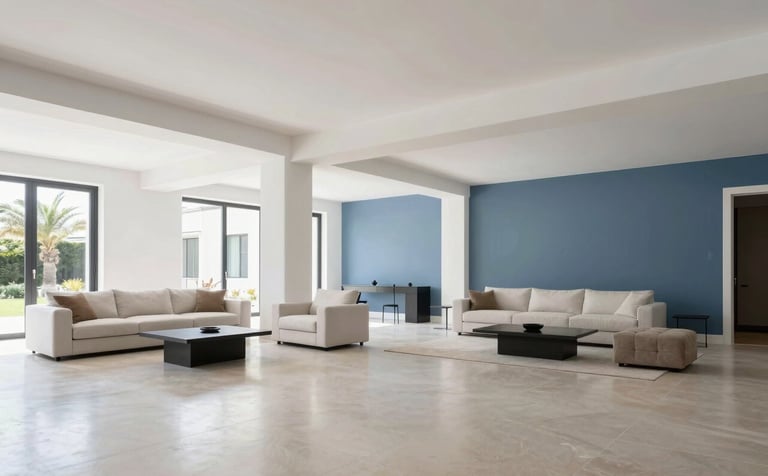 Wide shot of a beautifully renovated open-space living area in a Southern European villa. High ceilings, pristine white and slate blue walls, and polished flooring. The furniture is minimalist and elegant, reflecting a blend of technical precision and refined Italian design. Bright, airy, and professional atmosphere.