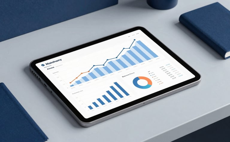 A clean, modern workspace featuring a high-resolution tablet displaying professional marketing growth charts and metrics. The surroundings are light blue-grey with deep navy blue accents.