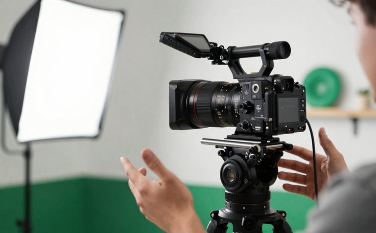 A professional video production setup in a bright studio with soft white lighting. A high-end camera focuses on a person gesturing naturally. Vibrant emerald green accents are visible in the background decor.