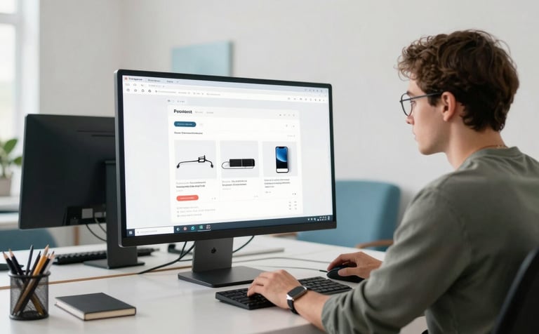 A professional web designer in a modern North American / US creative studio, working on a large display showing a clean layout. The environment is bright and airy with Mist White walls and Ocean Blue furniture accents. Soft natural lighting, professional photography.