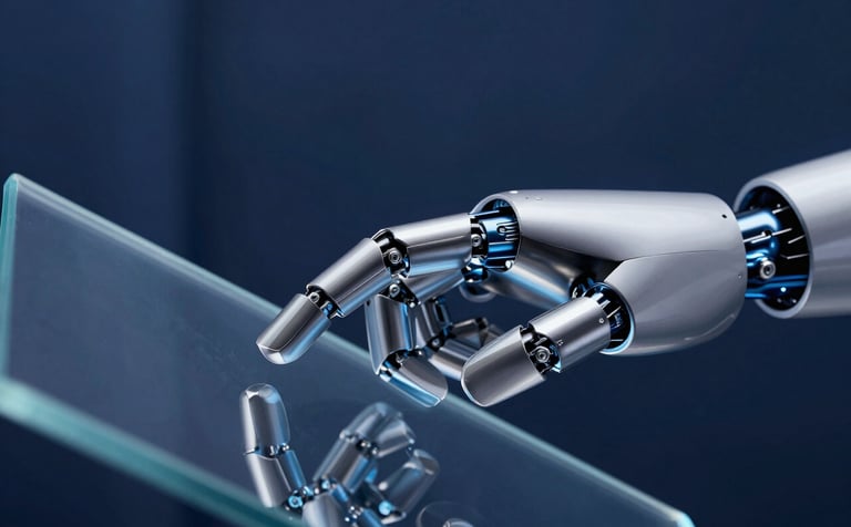 A close-up, sharp professional photograph of a sleek, modern robotic hand delicately touching a transparent glass screen. The background is a soft-focus deep midnight blue, with hints of muted steel blue light illuminating the metallic textures of the hand. The aesthetic is clean, sophisticated, and high-tech.