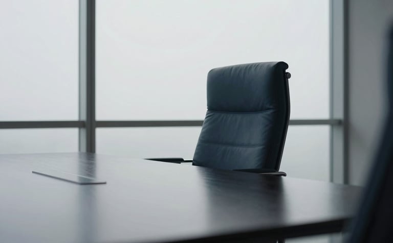 A professional photograph of a minimalist boardroom. A sleek black table occupies the center, reflecting a soft mist white light from a large window. The atmosphere is quiet and intelligent. One leather chair in deep midnight blue is slightly pulled out, suggesting an exclusive meeting about to take place.
