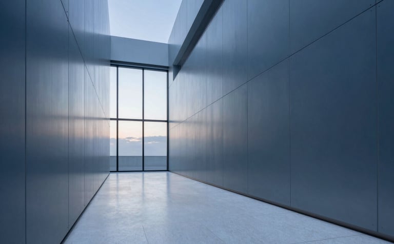 A wide-angle architectural photograph of a futuristic office corridor with walls made of brushed metal in muted steel blue. The floor is a polished mist white stone. In the distance, a large window reveals a soft slate grey sky at dawn. The lighting is diffused and professional, emphasizing security and reliability.