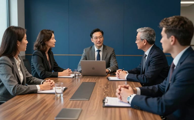 A group of professionals in a high-end North American corporate boardroom during a strategic meeting. The atmosphere is sophisticated and focused, with Deep Blue accents on the walls and soft natural lighting from the side.