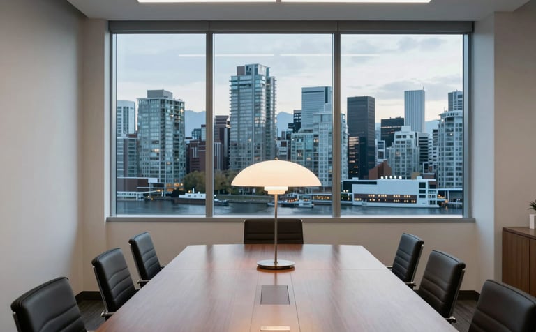 A minimalist, bright North American office interior with a large window overlooking the skyline of Vancouver, Washington. A polished wooden conference table and a sleek designer lamp create a professional atmosphere in Steel Blue and Off-White tones.