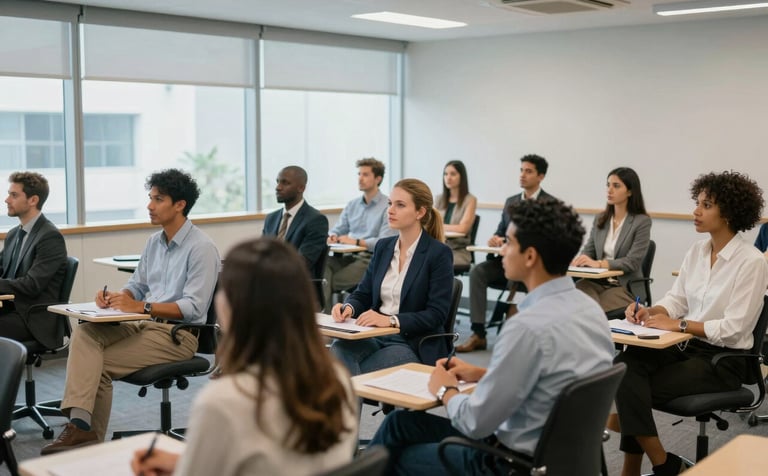 A bright and airy corporate training room in a South American / Brazilian business hub. A group of diverse professionals in business casual attire are focused on a workshop session. The atmosphere is professional and modern, with soft blue daylight filtering through large windows and a clean, minimalist interior.