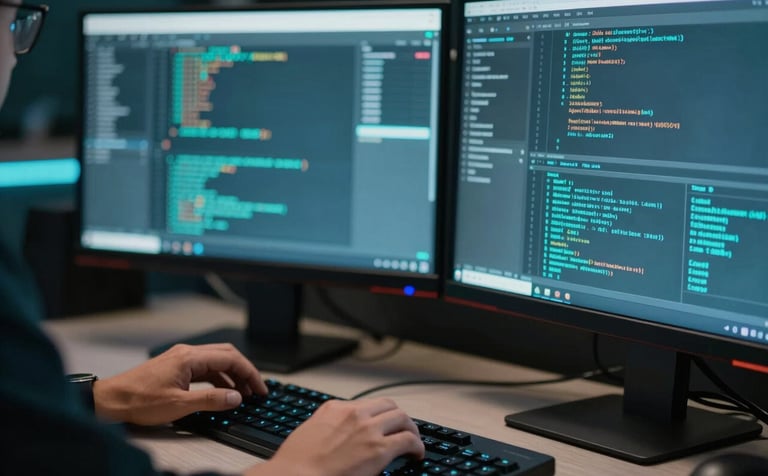 A close-up of a sleek, futuristic workspace in Brazil where a professional is utilizing high-end digital tools. The scene is illuminated with a soft cyan glow from computer monitors showing abstract code and data patterns, emphasizing technology and precision.