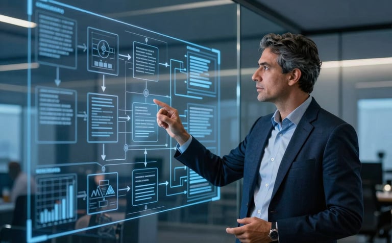A professional South American / Brazilian consultant standing by a glass wall with etched digital diagrams, explaining workflow optimization. The lighting is premium and sophisticated with deep blue tones, reflecting a high-end B2B environment and authority.