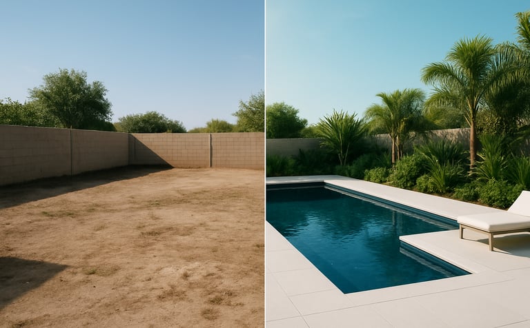 A split-view composition showing a before-and-after renovation. On one side, an empty backyard; on the other, a 3D rendered luxury pool oasis with ice white decking, dark navy pool lining, and lush greenery under a clear soft aqua sky.