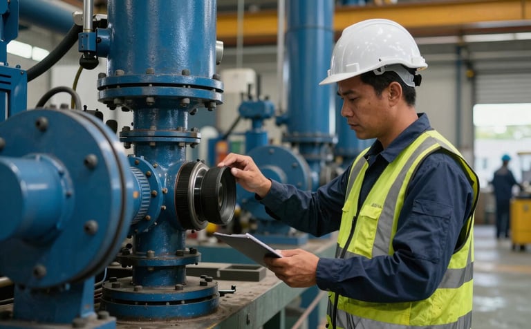 A safety inspector performing a detailed technical audit of industrial equipment in a South American / Brazilian manufacturing plant. The scene features Steel Blue and Dark Slate Blue tones, conveying expertise and legal compliance.