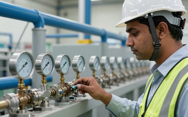 Close-up of a South Asian engineer in a hard hat and safety vest inspecting a water filtration system with digital gauges in an Indian industrial facility. The lighting is natural and bright, conveying precision. The background shows professional grey and blue equipment.