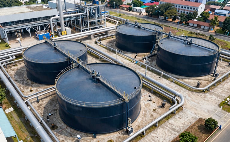 A high-angle professional photograph of a large-scale industrial sewage treatment plant in an Indian city suburb. The scene features massive dark blue metal tanks and pipes, clean concrete walkways, and bright daylight. The style is crisp and corporate, using shades of dark blue and grey.