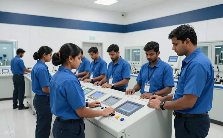 A team of South Asian technical staff in professional blue uniforms operating a digital control panel inside a modern water treatment facility. The environment is clean and well-lit with white walls and dark blue accents. Wide-angle shot showing a sense of authority.