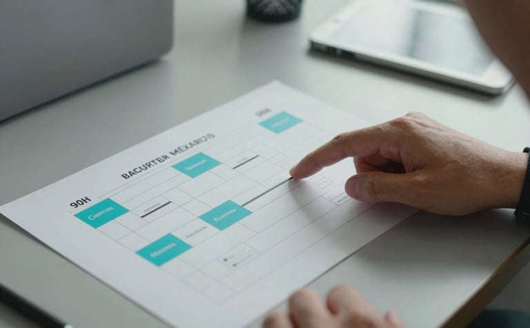 A close-up of a strategy planning session in a North American / Mexican creative studio. A hand points to a structured 90-day roadmap on a clean desk. The color palette features neutral greys and subtle cyan highlights.