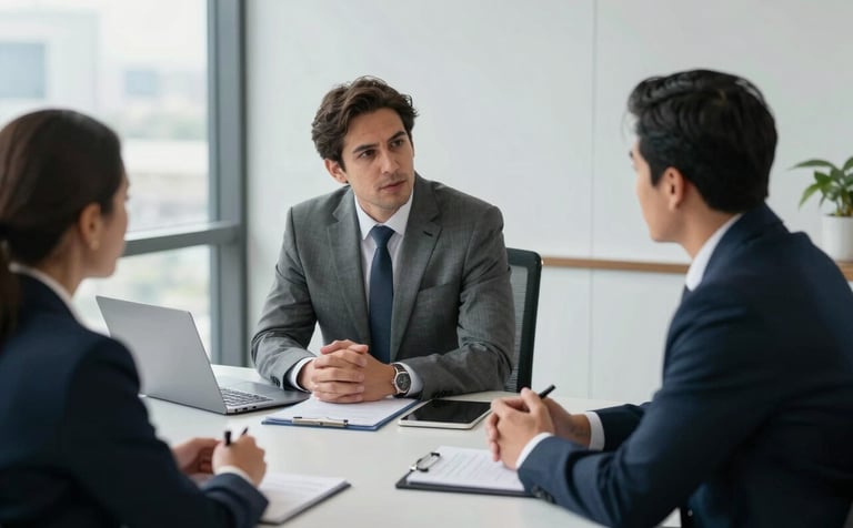 A high-level strategic meeting in a bright, modern North American / Mexican office. A consultant and a business owner are engaged in serious discussion. The setting is professional and authoritative, with light grey textures.