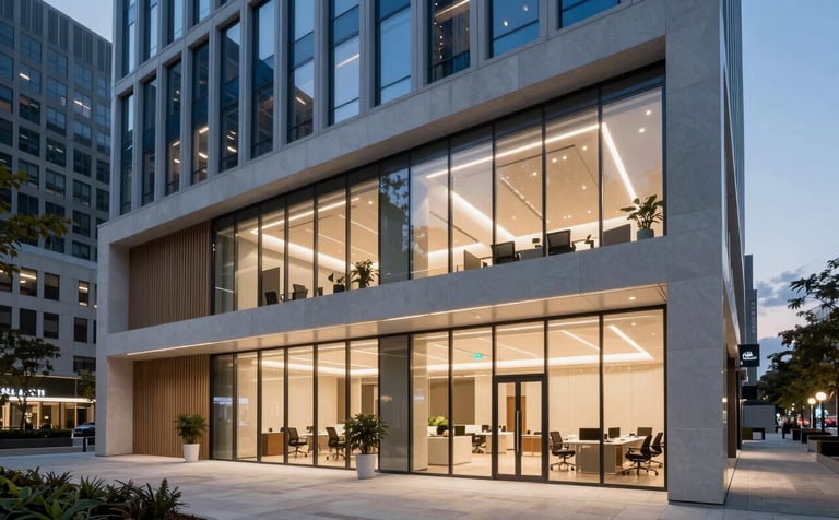 A bright, modern architectural office in a US city center at dusk. The interior is sophisticated with light gray and deep blue accents. Intelligent, warm lighting illuminates professional workspace areas, creating an atmosphere of innovation and growth.