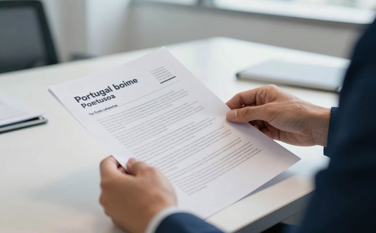 A close-up of a person's hands reviewing high-quality printed documents in a bright, modern Portuguese office. The composition is professional, with a focus on precision and detail. The color palette includes medium blue and off-white tones, reflecting trust and specialized support.