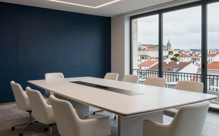 Wide shot of a sophisticated meeting room in Lisbon with minimalist furniture and a view of the city's unique architecture through a large window. The atmosphere is quiet and professional, featuring colors like dark blue and off-white. Clean lines and modern design.