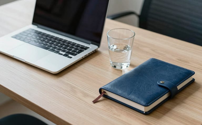 A clean and organized office desk in a European Portuguese setting. A sleek laptop, a leather-bound notebook, and a glass of water are positioned on a minimalist wooden surface. Soft natural morning light illuminates the scene, featuring subtle accents of light blue and dark blue. Professional and efficient atmosphere.