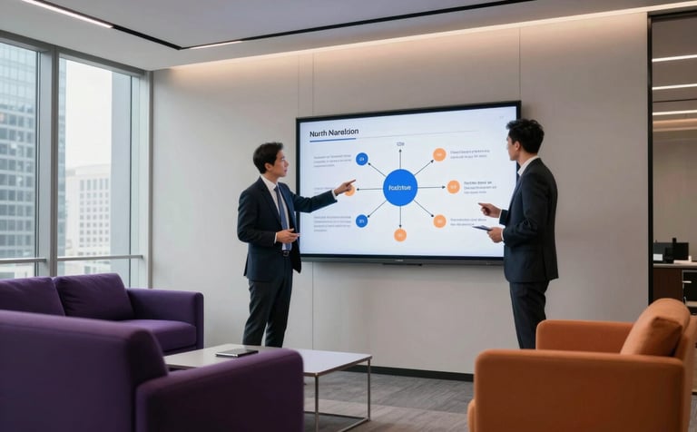 A sleek, minimalist executive office in a North American skyscraper. A consultant is presenting a roadmap to a business leader on a large screen. The composition is clean and professional, with ambient lighting and sophisticated purple and orange accents integrated into the furniture.