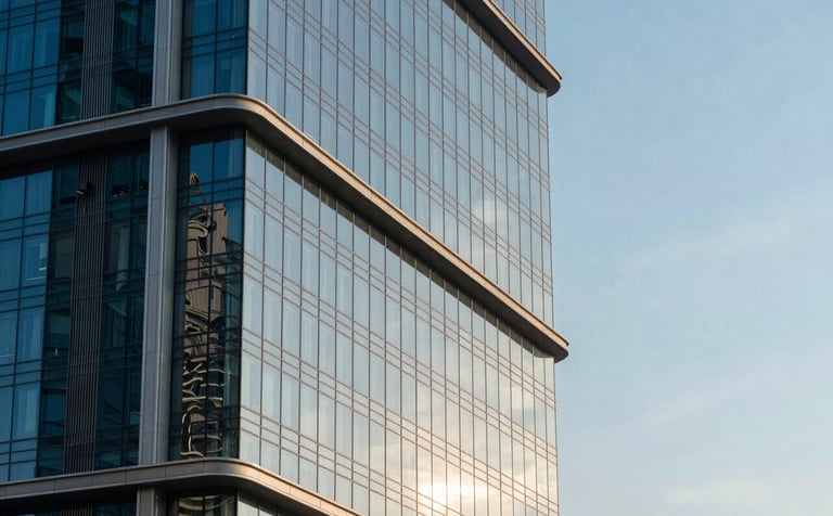 An architectural photograph of a luxury property in Dubai showing a sleek glass facade reflecting the morning sun. The composition focuses on clean lines and sophisticated modern design. Deep blue and light cyan sky tones dominate the background. Middle Eastern / Gulf architecture.