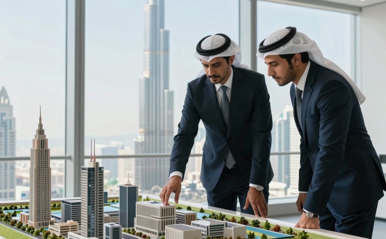 A high-angle photography of a professional business meeting in a minimalist high-rise office in Dubai. Two executives look at a architectural model near a floor-to-ceiling window overlooking the Burj Khalifa. Lighting is crisp and bright, with a color palette of dark navy and steel blue. Middle Eastern / Gulf setting.