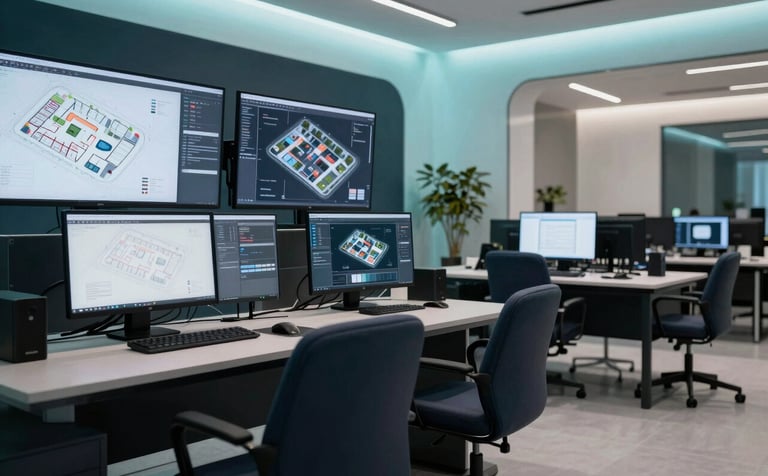 A sophisticated interior of a digital design studio in Dubai. High-tech displays show complex property layouts. The aesthetic is professional and innovative with dark navy furniture and light cyan accent lighting. Middle Eastern / Gulf professional environment.