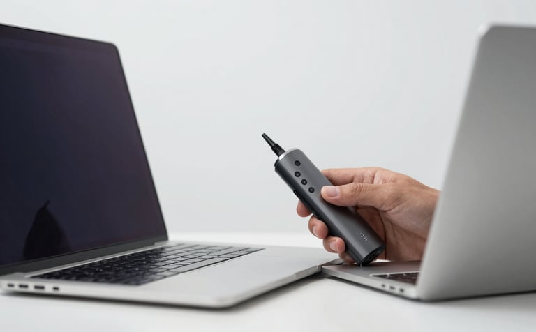 A professional and clean image of a minimalist workspace with a laptop and a technician's hand using a high-tech tool. The atmosphere is professional and modern, using a color palette of #1F3A4B and #F4F7F8 to convey competence and sophisticated technology.