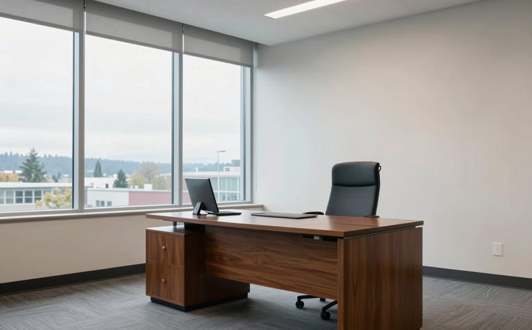 A high-end, bright North American office interior in Kirkland, Washington. A mahogany desk sits near a window showing soft daylight. The atmosphere is calm and professional, with a focus on a clean, modern aesthetic using muted blue and off-white tones.