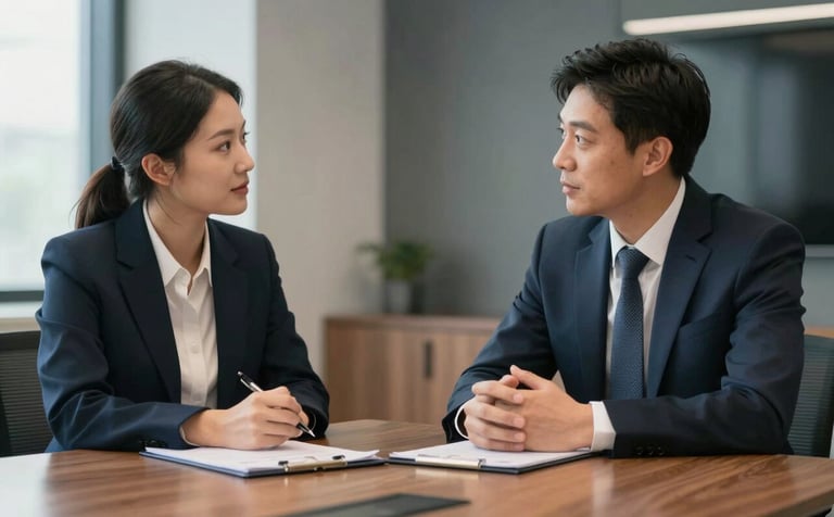 A sophisticated photograph of two financial professionals in professional attire having a calm discussion in a modern US-based conference room. The lighting is soft and natural, emphasizing a trustworthy and secure atmosphere with dark navy accents.