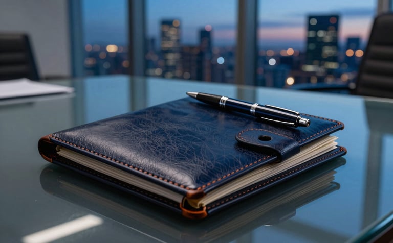 A close-up, sharp photograph of a high-quality leather portfolio and a sleek pen on a glass desk in a modern North American boardroom. The background shows a blurry cityscape under a twilight sky, dominated by deep navy and cool blue lighting.