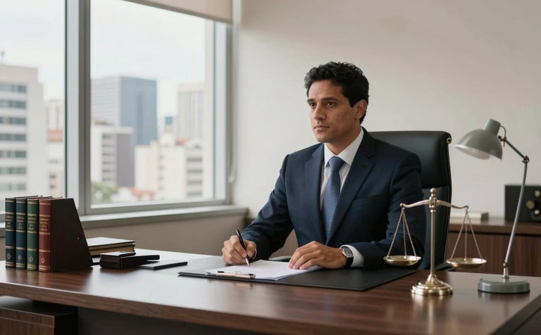A sophisticated and professional South American lawyer's private office in a Brazilian business center. A dark wood desk with legal volumes, a silver scale of justice, and a modern lamp. Large windows overlook a clear city skyline. Soft, authoritative morning light, with accents of dark blue and off-white.