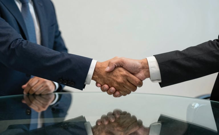 A close-up photography of two Brazilian professionals in business attire shaking hands over a glass meeting table in a modern corporate setting. The atmosphere is empathetic and trustworthy. Reflections of medium blue and off-white on the glass surface.