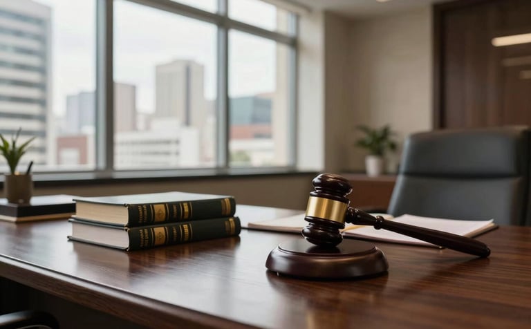 A sophisticated law office interior in a major Brazilian city. On a dark wood desk sits a set of legal books and a classic gavel. Soft, natural light streams in through large windows, creating an atmosphere of professional gravitas and trust. High-end South American architectural details.