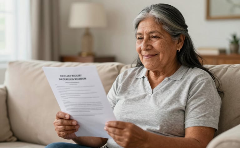An elderly South American client sitting comfortably in a well-lit living room, holding official documents and smiling with a sense of relief. The lighting is warm and bright, conveying security and successful legal resolution.