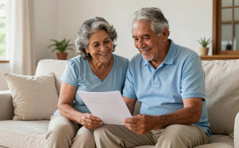 A warm, sunlit living room of a South American / Brazilian home. An elderly couple smiles with relief while looking at papers with their lawyer. The scene is bright and clean, reflecting confidence and social security. Palette includes light blue and off-white tones.