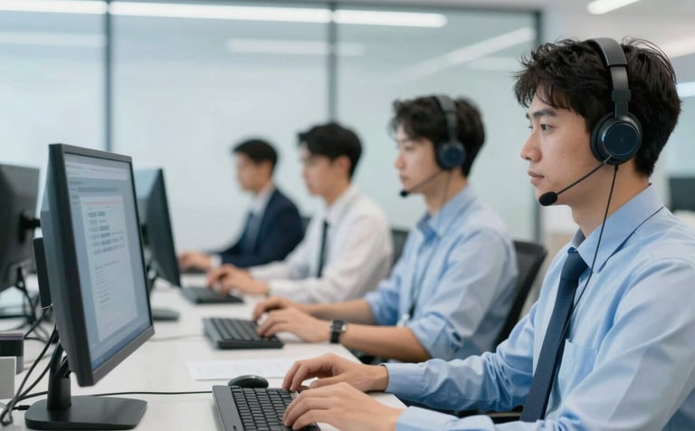 A team of professional operators in a bright, high-tech call center environment. They are using advanced communication software. The scene conveys reliability and clarity, with brand accents of #3A6389 and #7DA9CD throughout the decor.